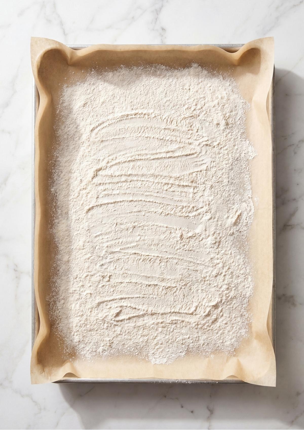 White all purpose flour spread evenly across a parchment paper lined baking sheet on a marble surface