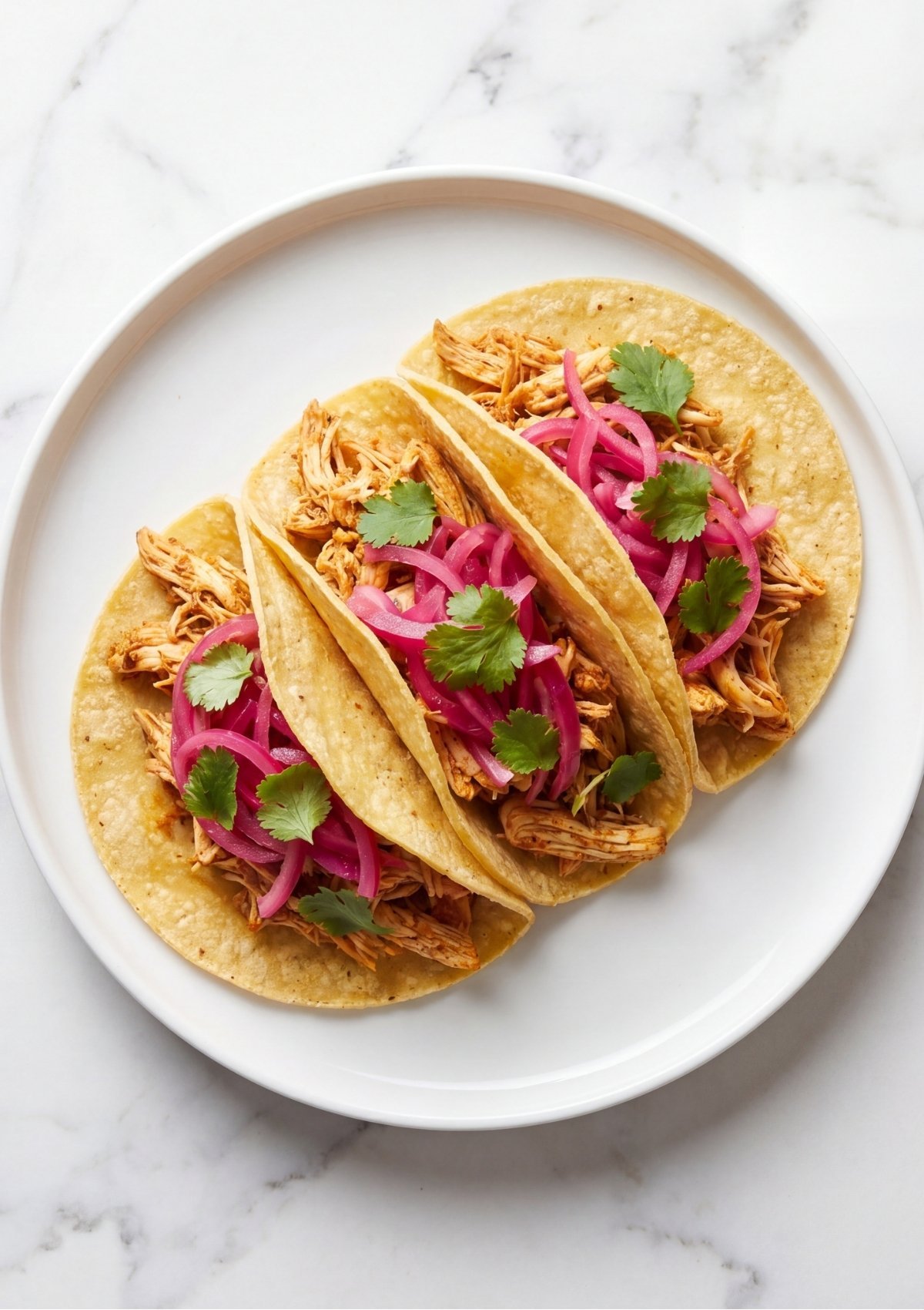 Three corn tortillas filled with seasoned shredded chicken, bright pink pickled red onions, and fresh cilantro leaves arranged on a white round plate.