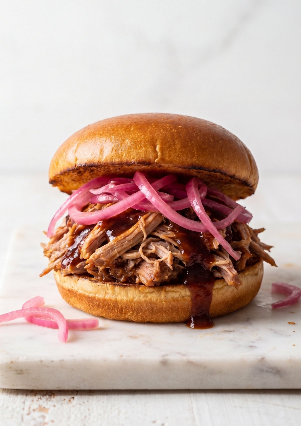 A close up shot of a pulled pork sandwich with barbecue sauce and bright pink pickled red onions on a toasted brioche bun, resting on a white marble board.