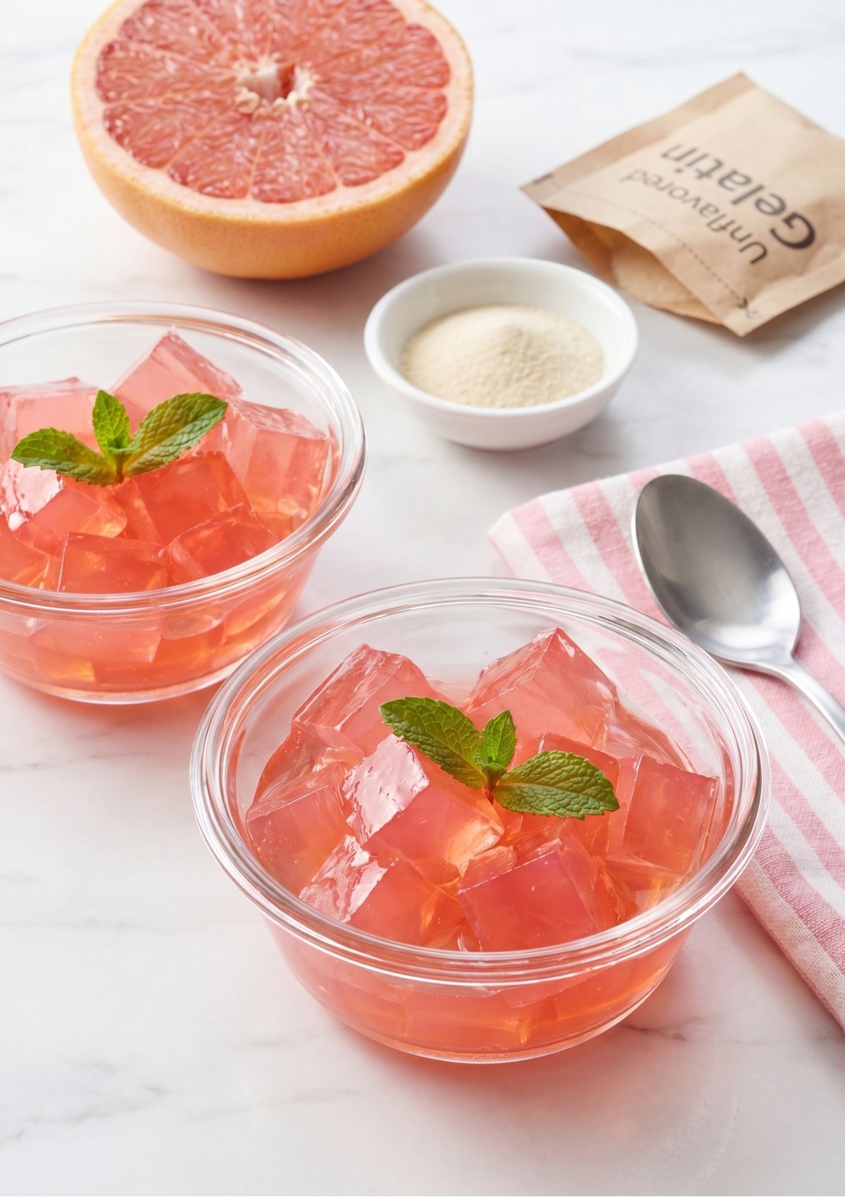 Two glass bowls filled with pink gelatin cubes garnished with fresh mint leaves, set next to a halved grapefruit and a small dish of unflavored gelatin powder.