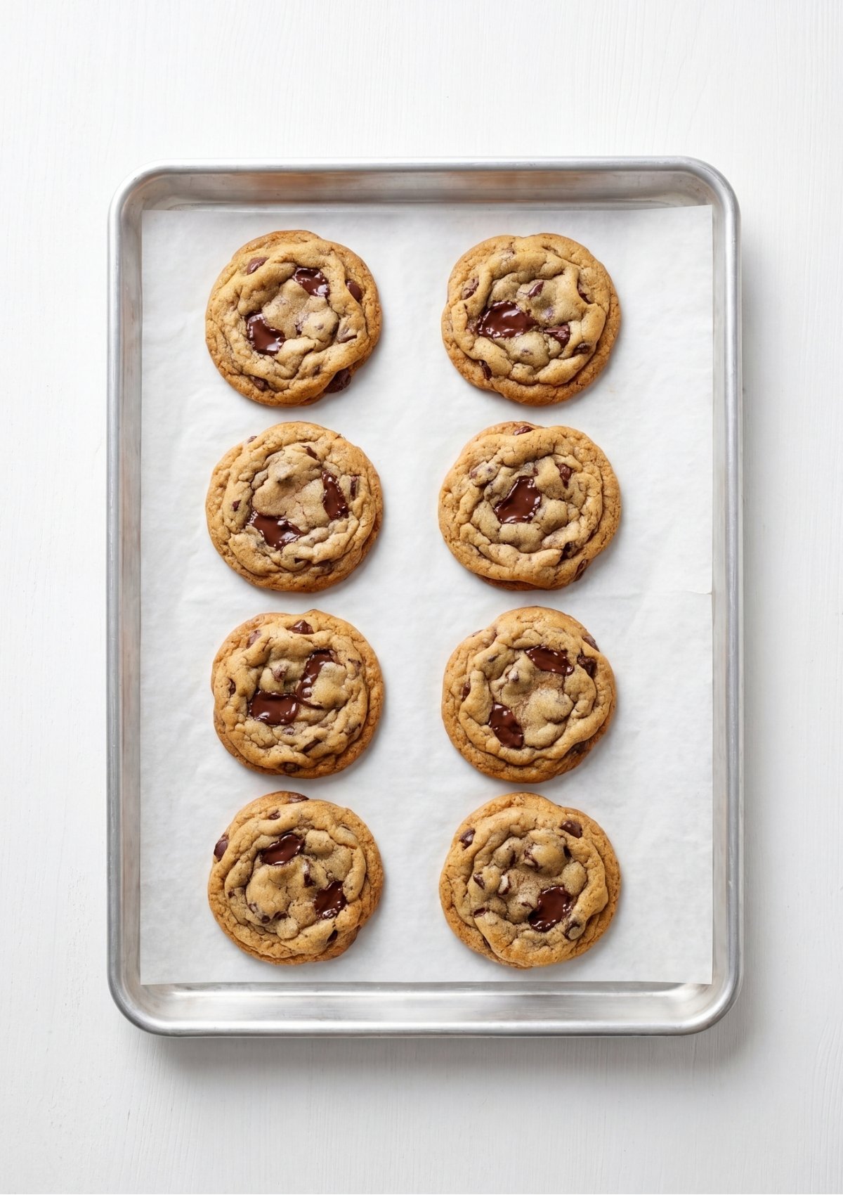 Eight golden brown chocolate chip cookies freshly baked and arranged on a parchment paper lined baking sheet