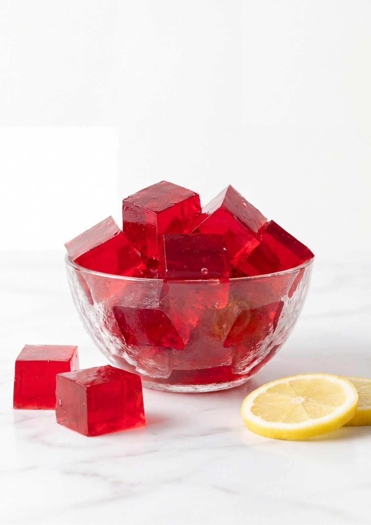 Vibrant red jello cubes piled high in a glass bowl on a marble table next to fresh yellow lemon slices