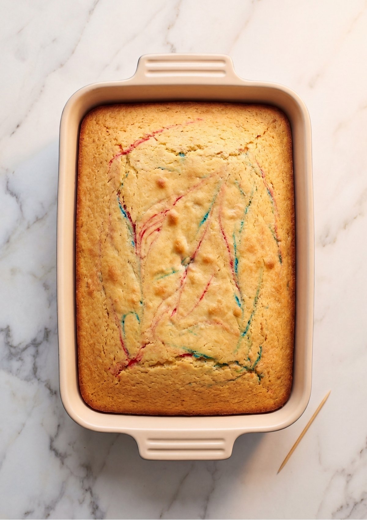 A rectangular baking dish containing a golden-brown cake with subtle hints of red and blue marbling visible on the surface.