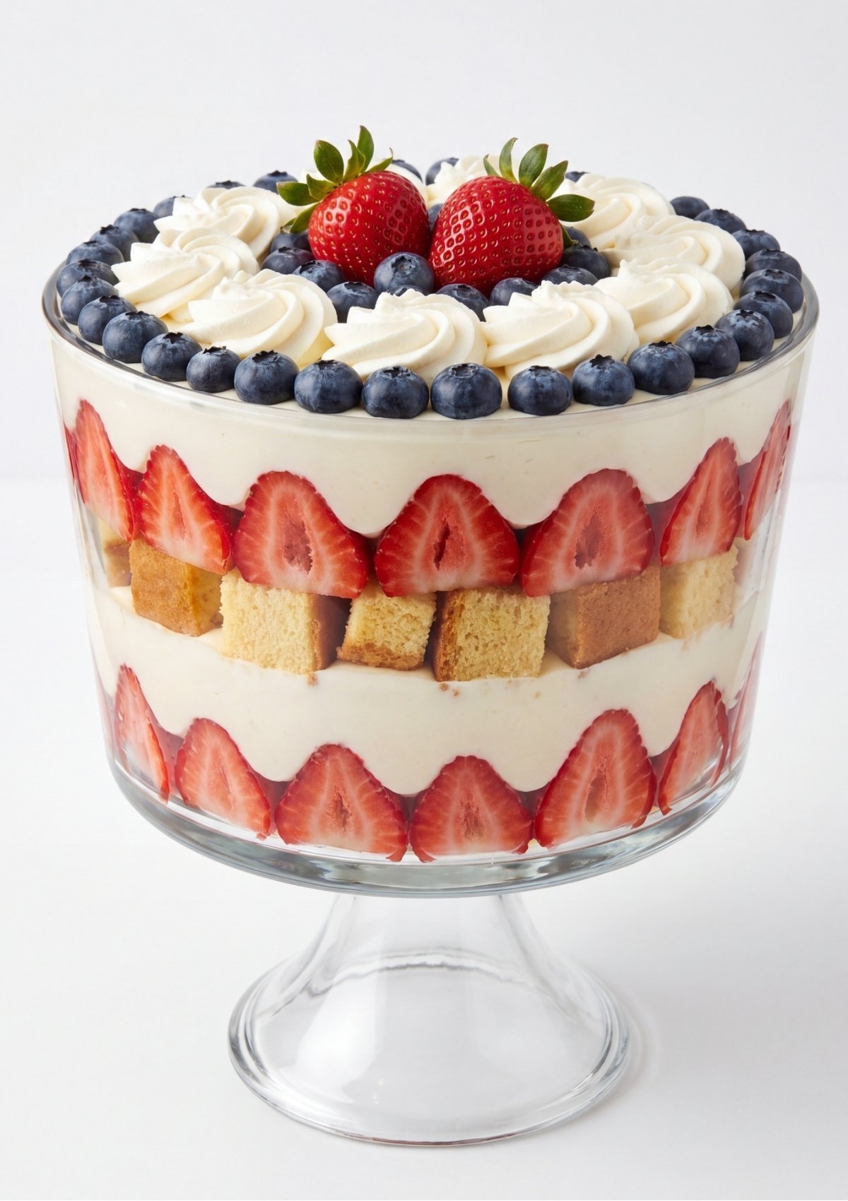 A tall glass trifle dish showcasing perfectly organized layers of strawberries, cake cubes, and cheesecake filling topped with blueberries.