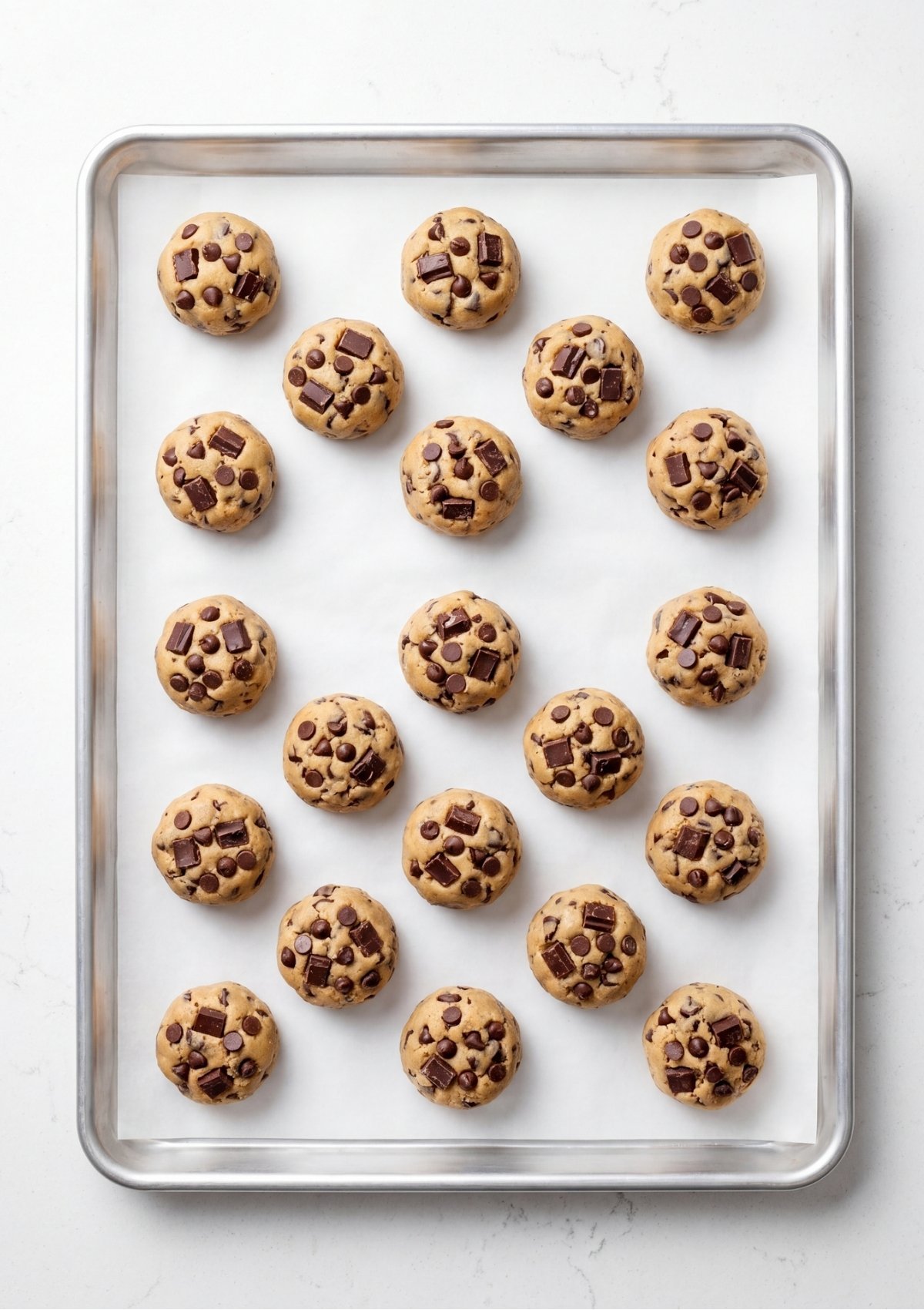 Multiple rounds of chocolate chip cookie dough arranged in rows on a parchment paper lined baking sheet