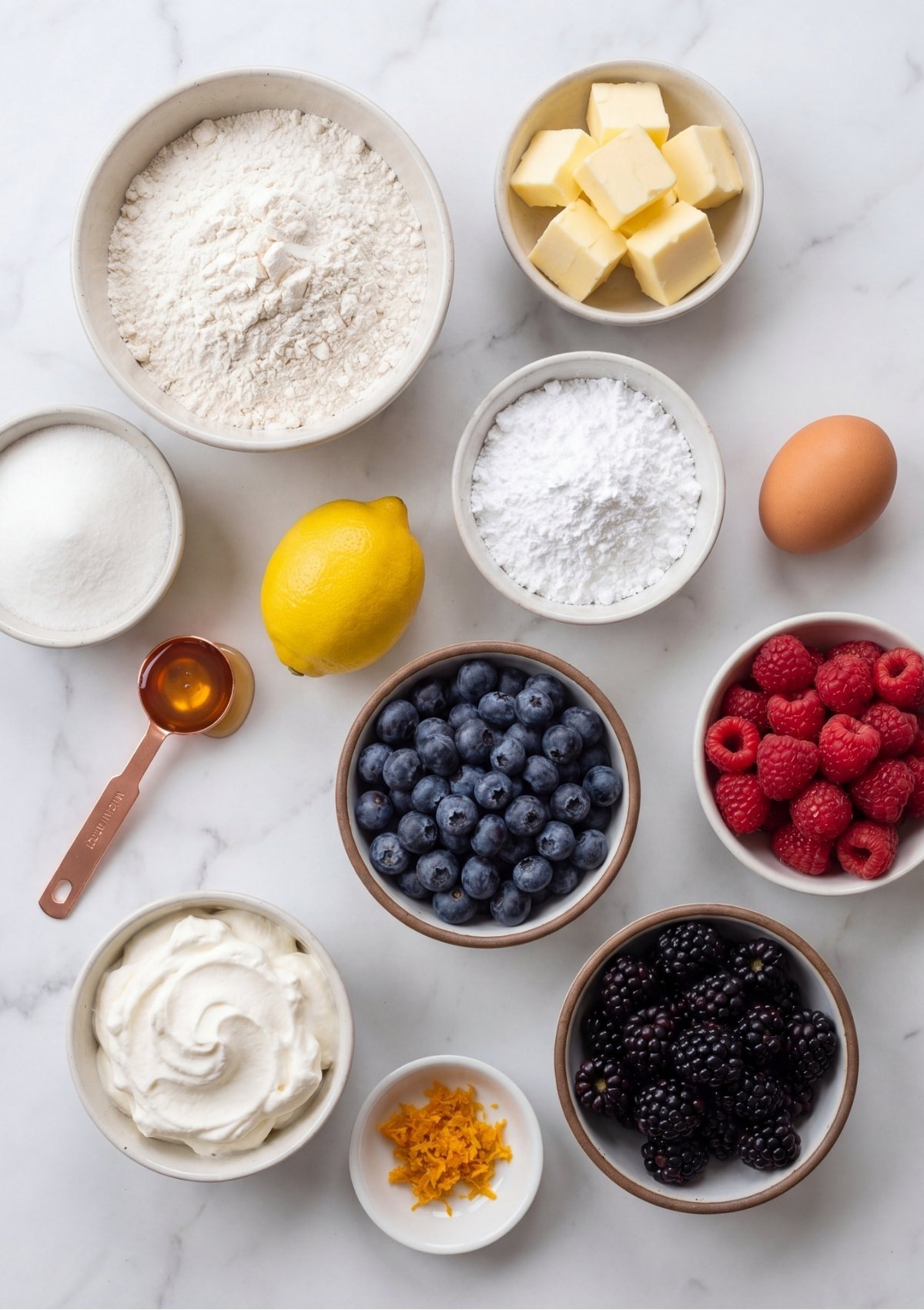 An overhead view of recipe ingredients including flour, butter, sugar, powdered sugar, an egg, honey, a lemon, lemon zest, whipped cream, blueberries, raspberries, and blackberries.