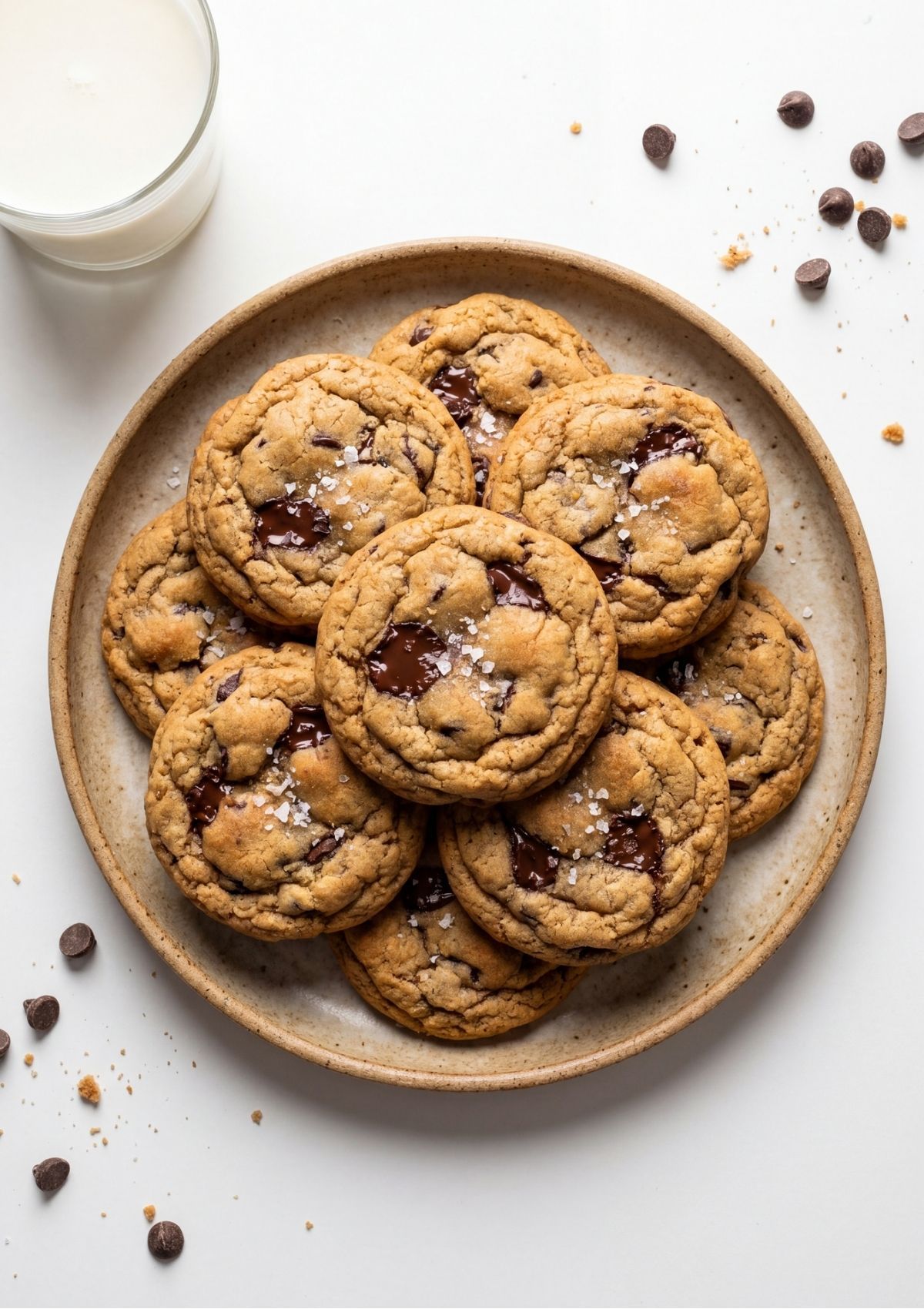 A rustic ceramic plate piled with golden brown eggless chocolate chip cookies topped with flaky sea salt next to a glass of milk