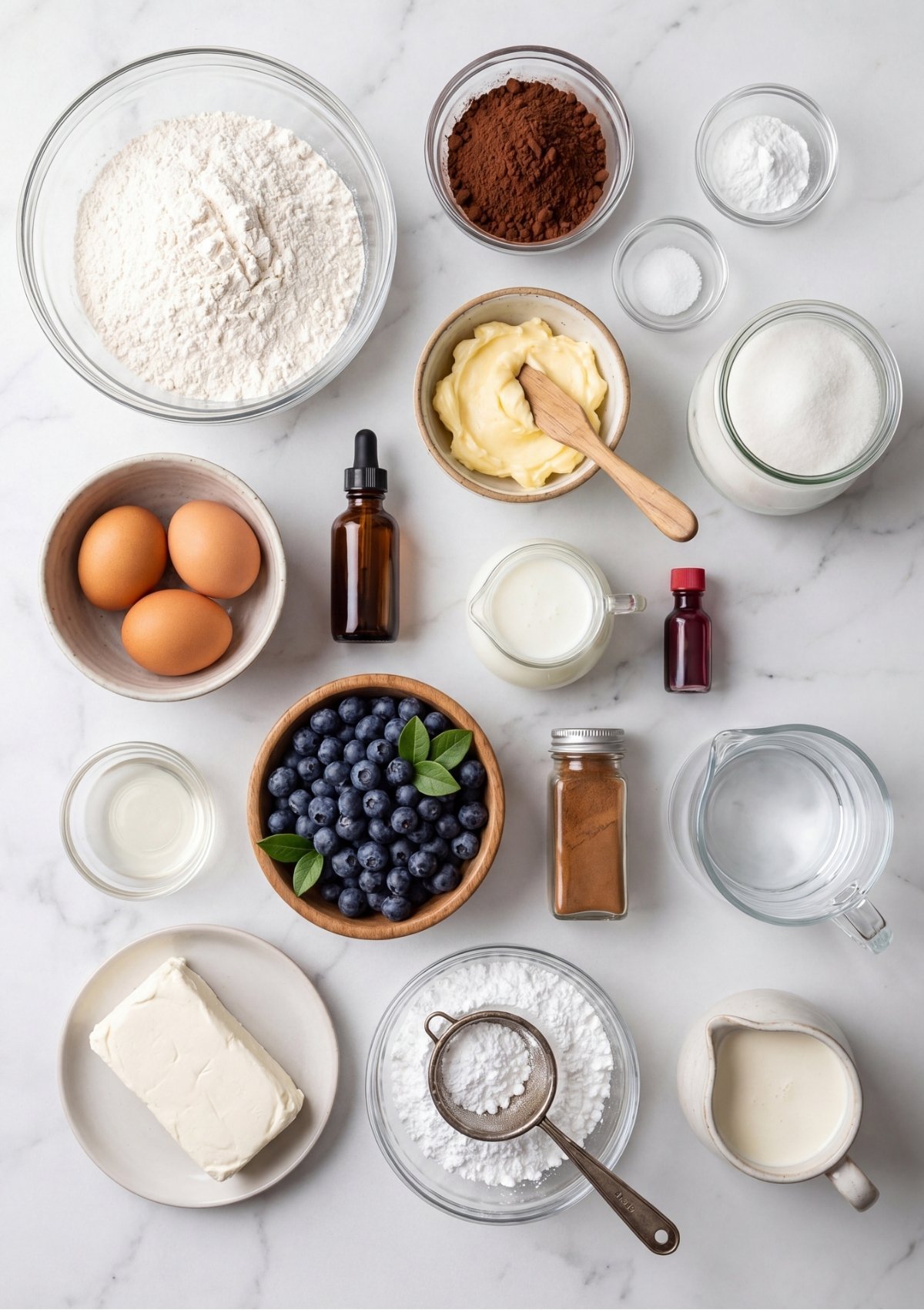 A flat lay of baking ingredients including flour, cocoa powder, blueberries, eggs, butter, and cream cheese on a marble counter.