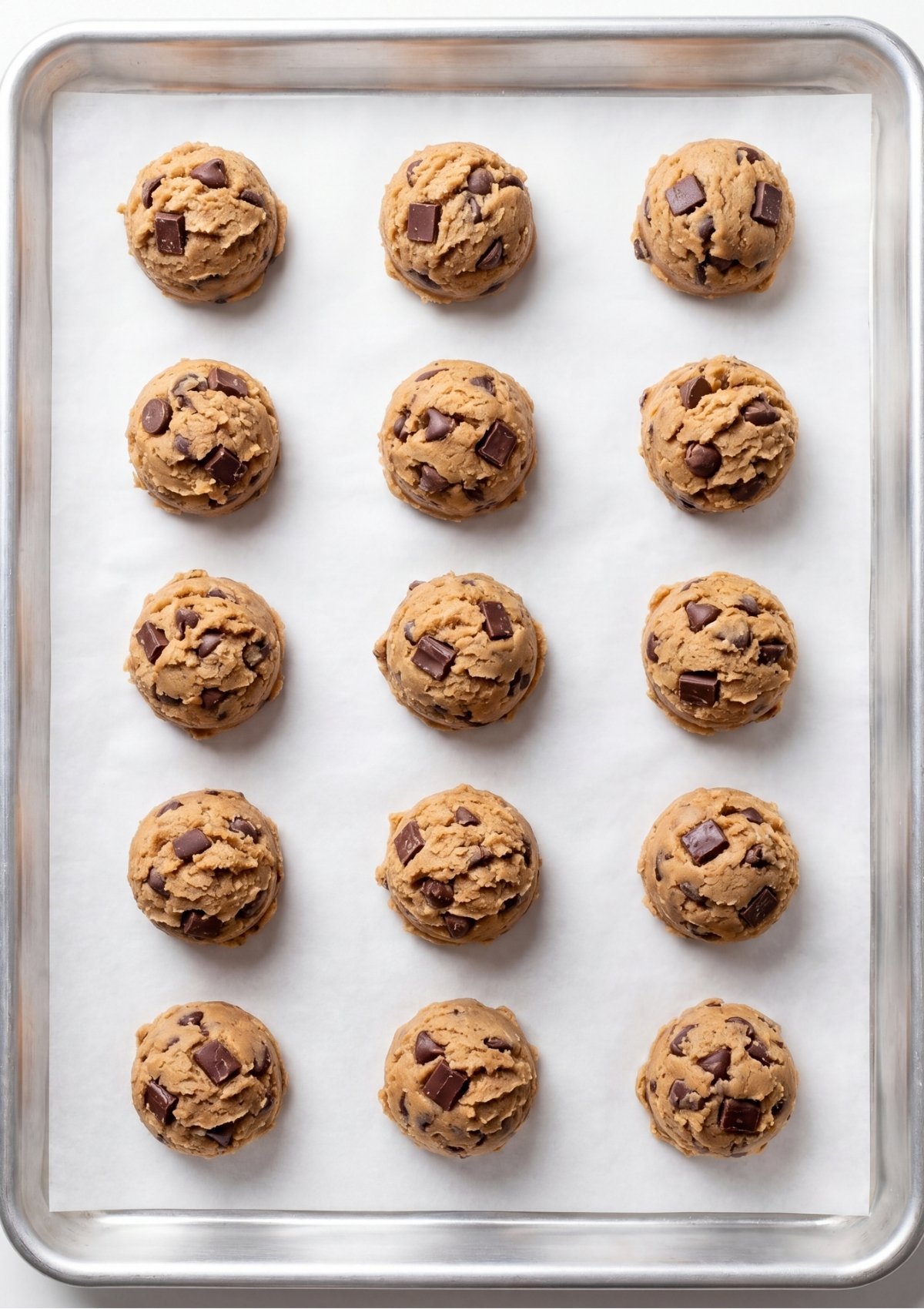 Fifteen scoops of raw chocolate chip cookie dough arranged on a silver baking sheet lined with parchment paper.