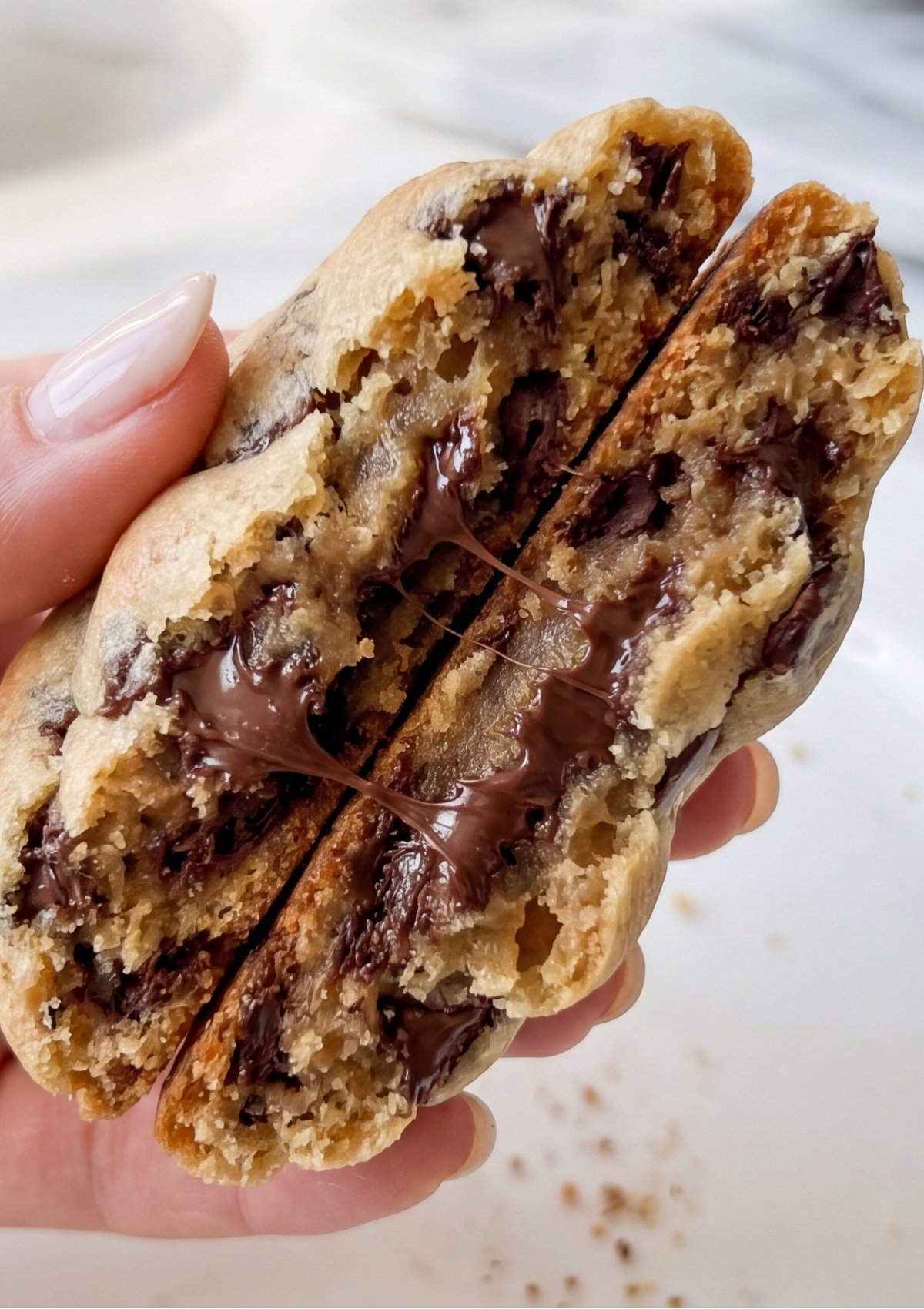 Two hands gently pulling apart a warm chocolate chip cookie to reveal a soft center and gooey melted chocolate stretching between the halves
