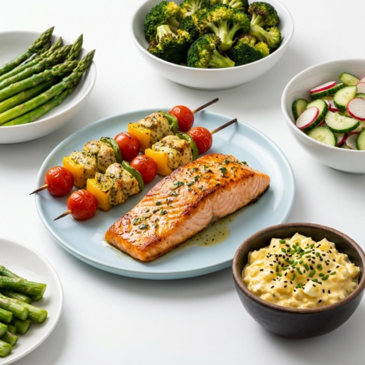 A layout of high-protein dishes including pan-seared salmon, chicken skewers, egg salad, asparagus, and broccoli.