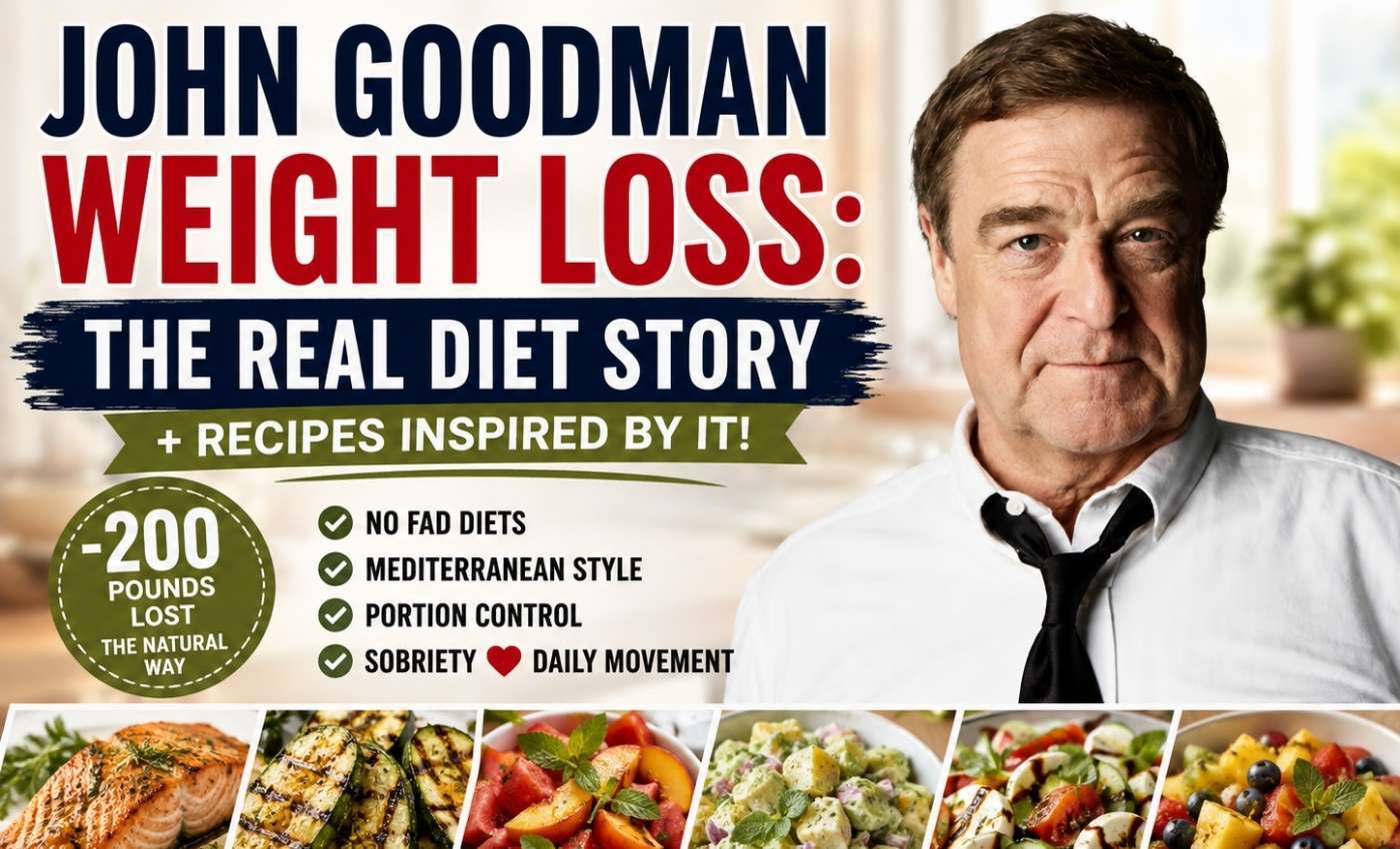 Infographic banner for John Goodman weight loss story with highlights on Mediterranean style, portion control, and healthy recipes.