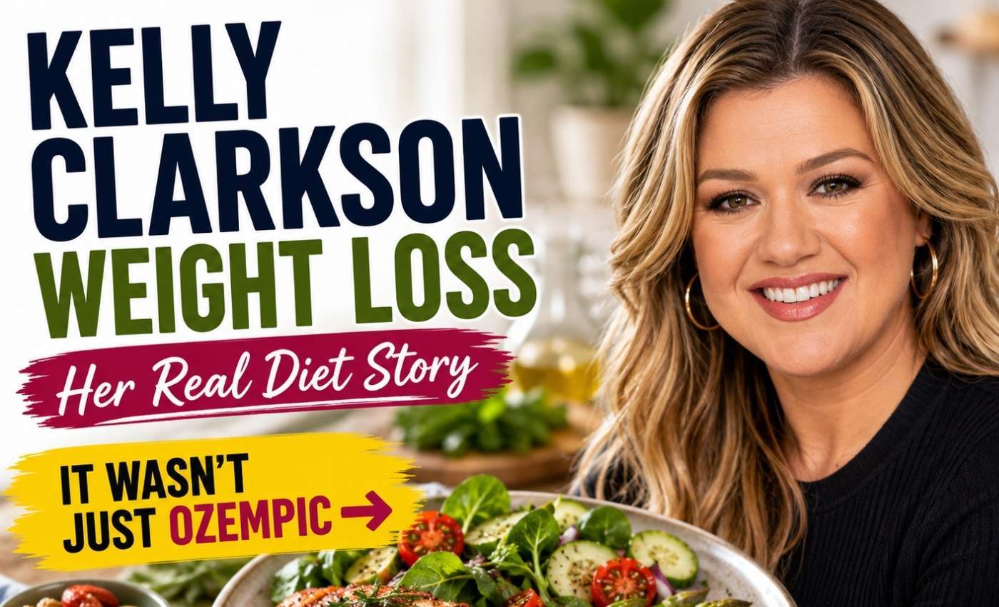 Kelly Clarkson weight loss feature banner highlighting her real diet story and approach beyond medication.