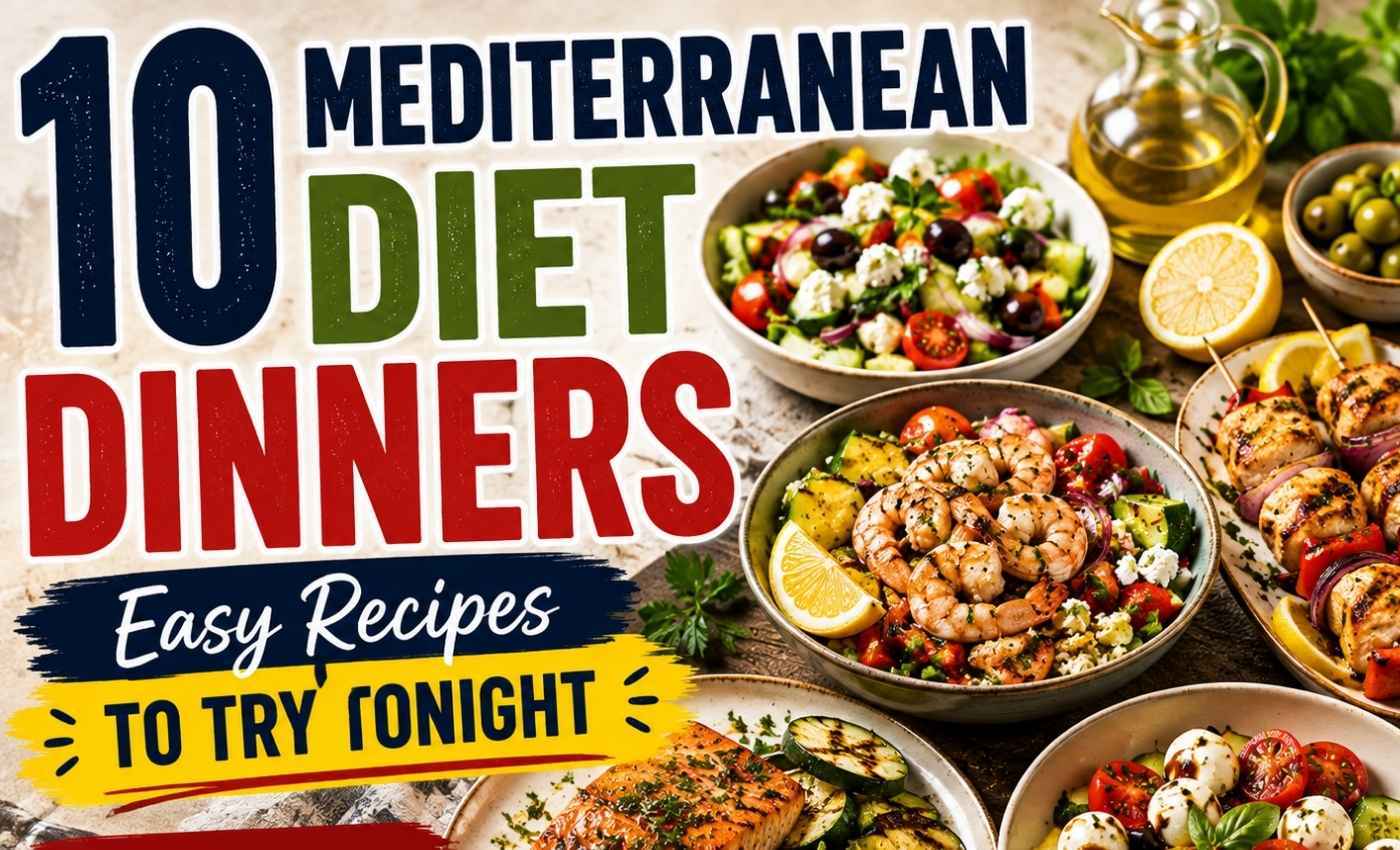 10 Mediterranean diet dinner recipes featured with chicken kabobs, shrimp bowls, and salads.